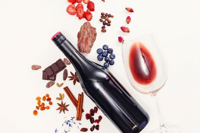 Garrafa de vinho com diversos elementos ao redor que fazem referência aos seus aromas