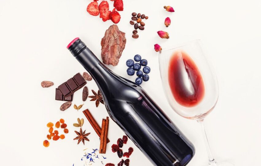 Garrafa de vinho com diversos elementos ao redor que fazem referência aos seus aromas