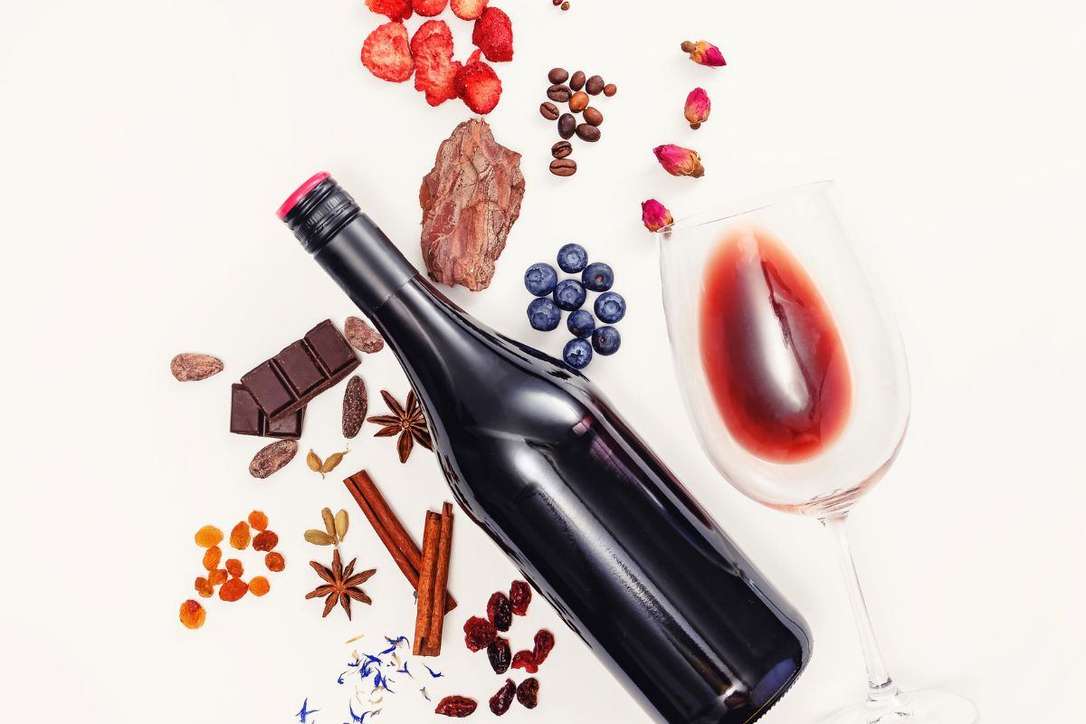 Garrafa de vinho com diversos elementos ao redor que fazem referência aos seus aromas