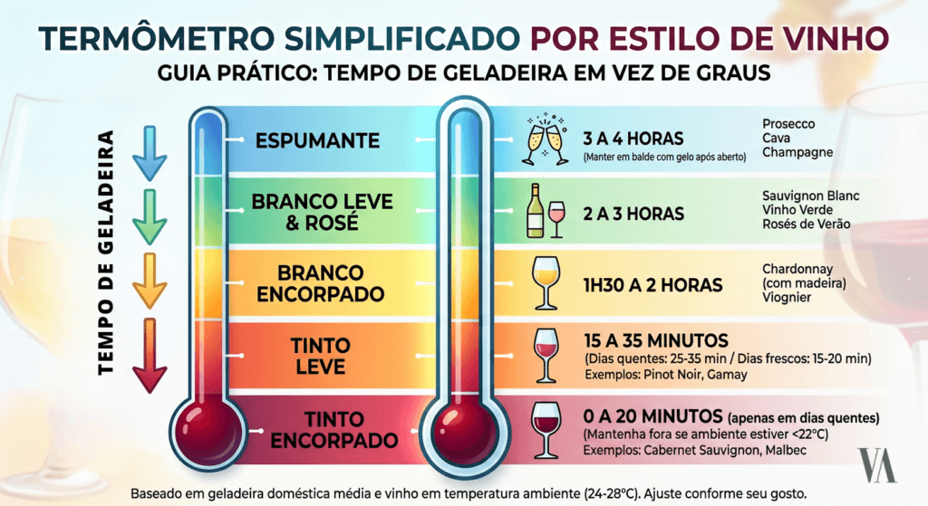 Infográfico 'Tempo de geladeira para atingir a temperatura ideal do vinho' 