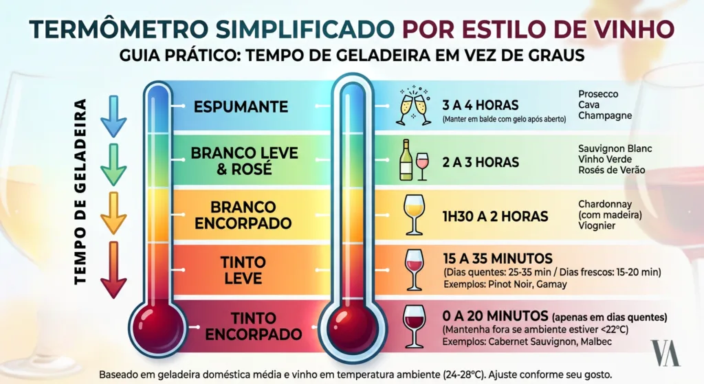 Infográfico 'Tempo de geladeira para atingir a temperatura ideal do vinho'