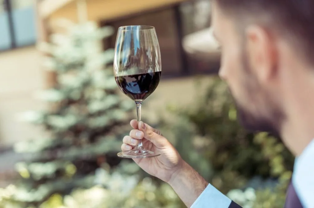 Homem segurando uma taça de vinho tinto e analisando sua cor
