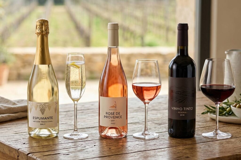 Três garrafas de vinho lado a lado: espumante, rosé e tinto
