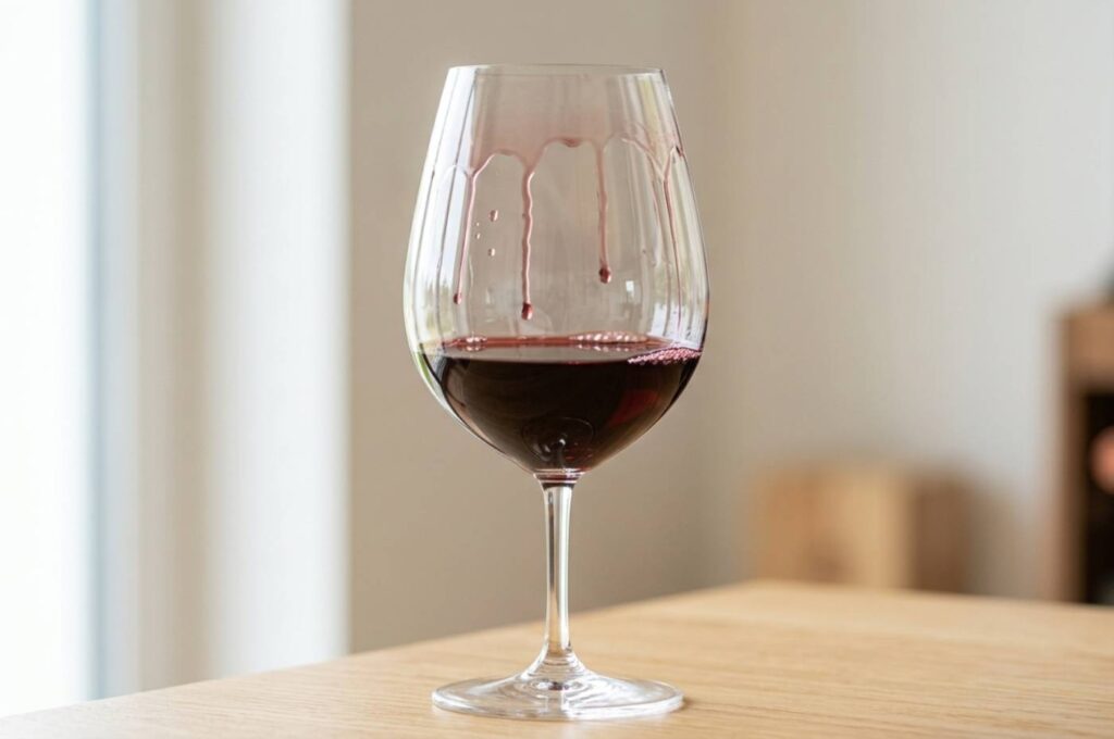 Taça com close nas lágrimas do vinho descendo