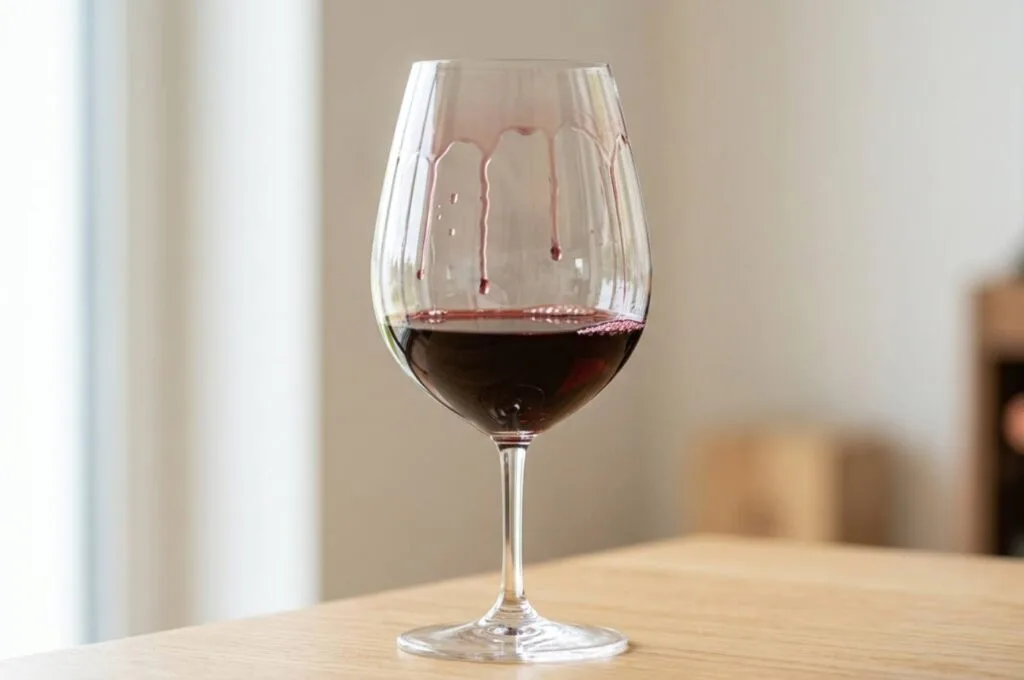 Taça com close nas lágrimas do vinho descendo