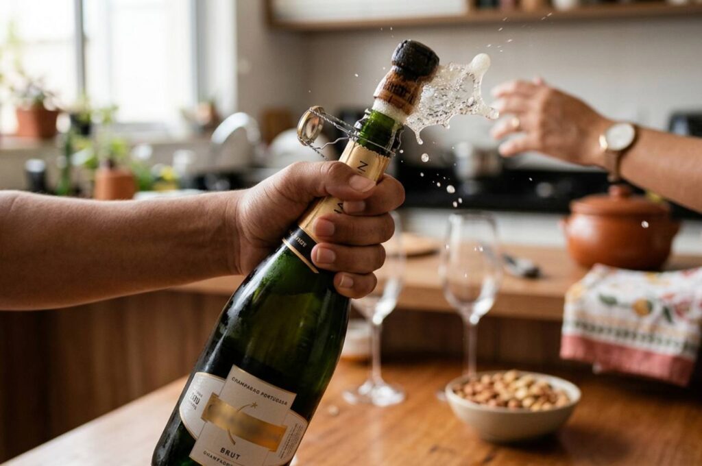 Garrafa de espumante aberta aberta