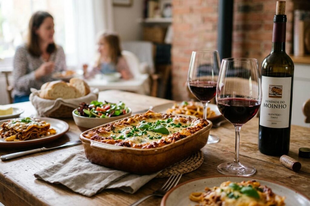 Lasanha servida com vinho tinto