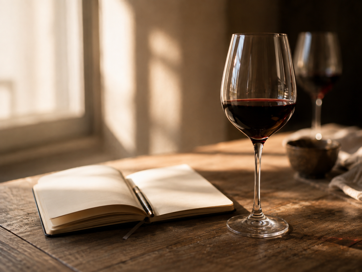 Aprender sobre vinho: taça de vinho tinto ao lado de caderno aberto sobre a mesa