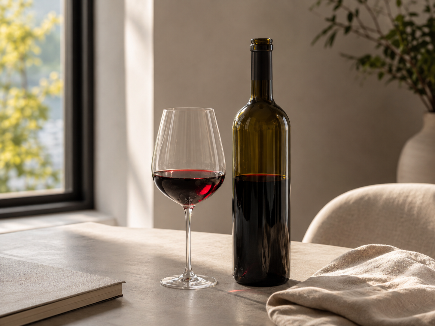 Garrafa e taça de vinho tinto em uma mesa iluminada por luz natural