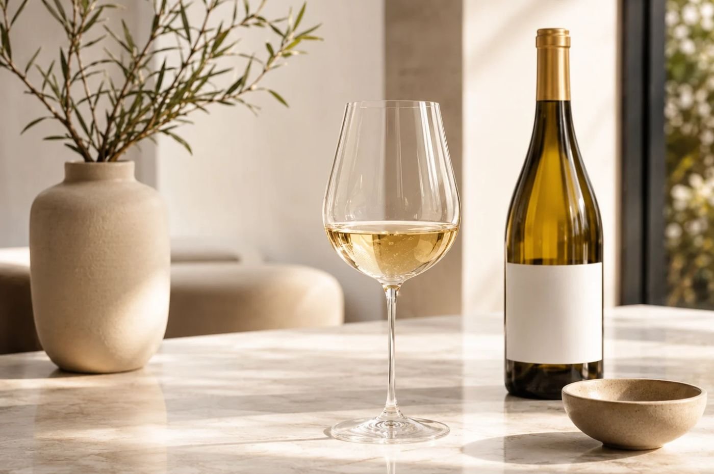 Taça de vinho branco dourado, sugerindo um vinho Chardonnay amanteigado e cremoso
